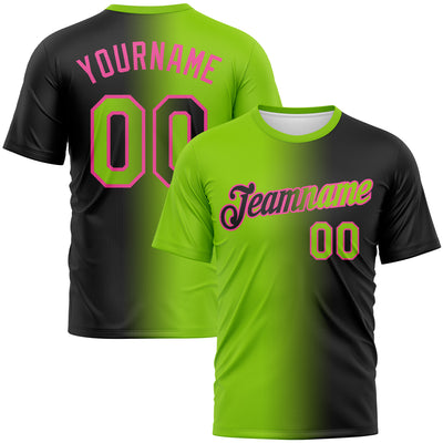Custom Black Neon Green-Pink Gradient Fashion Performance T-Shirt