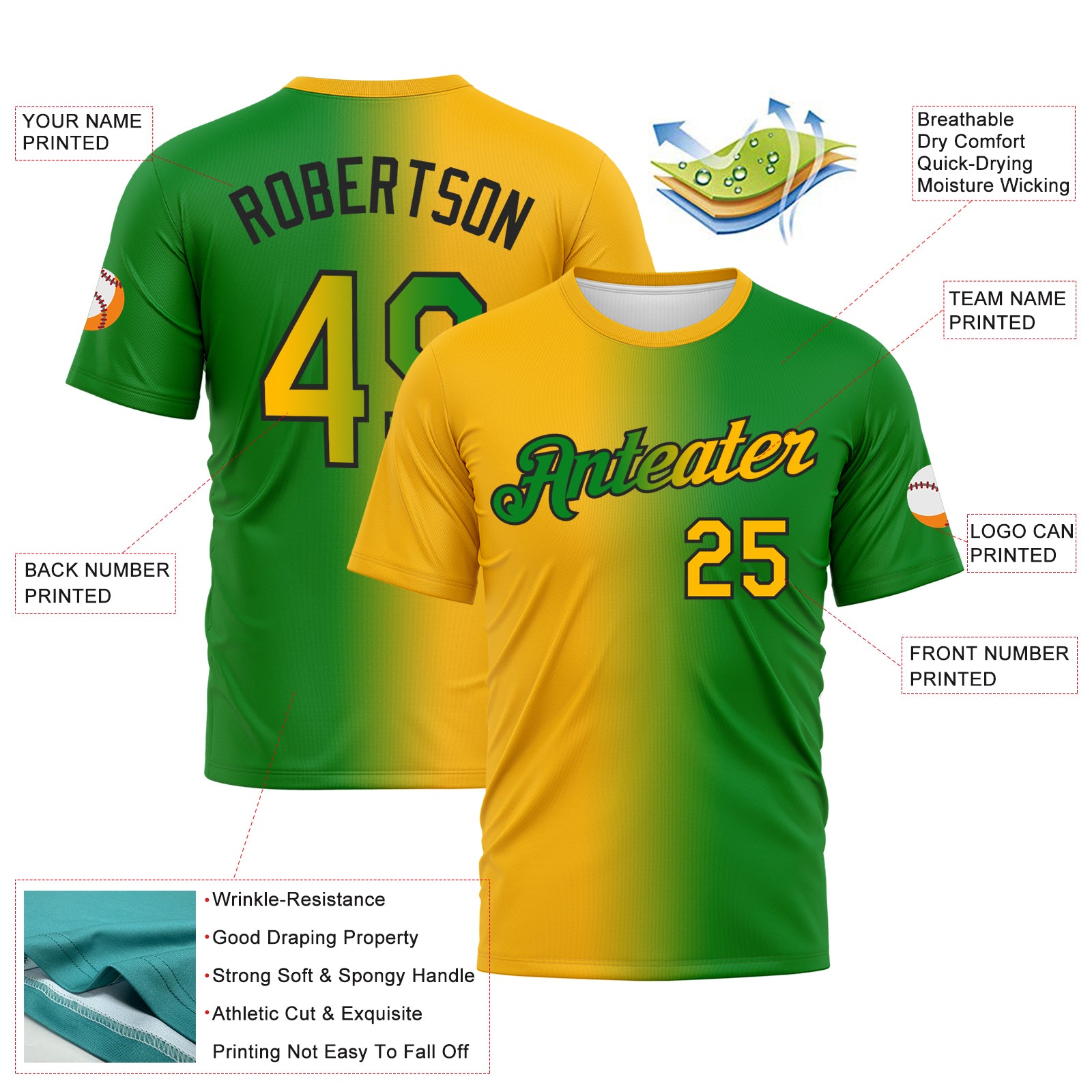 Custom Grass Green Gold-Black Gradient Fashion Performance T-Shirt