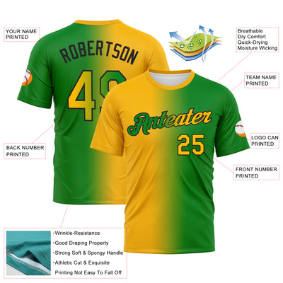 Custom Grass Green Gold-Black Gradient Fashion Performance T-Shirt