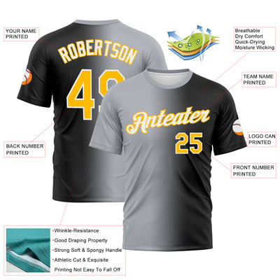 Custom Black Gold-Gray Gradient Fashion Performance T-Shirt