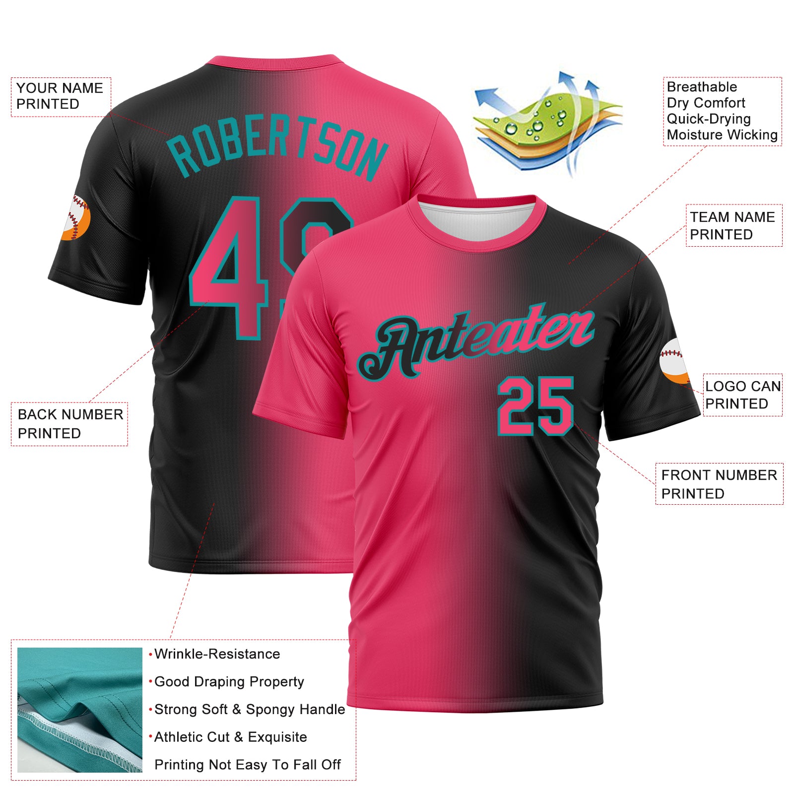 Custom Black Neon Pink-Teal Gradient Fashion Performance T-Shirt