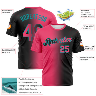 Custom Black Neon Pink-Teal Gradient Fashion Performance T-Shirt