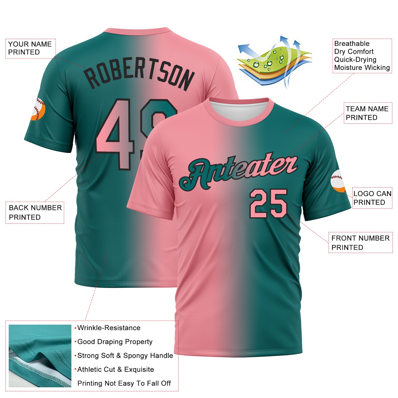 Custom Teal Medium Pink-Black Gradient Fashion Performance T-Shirt