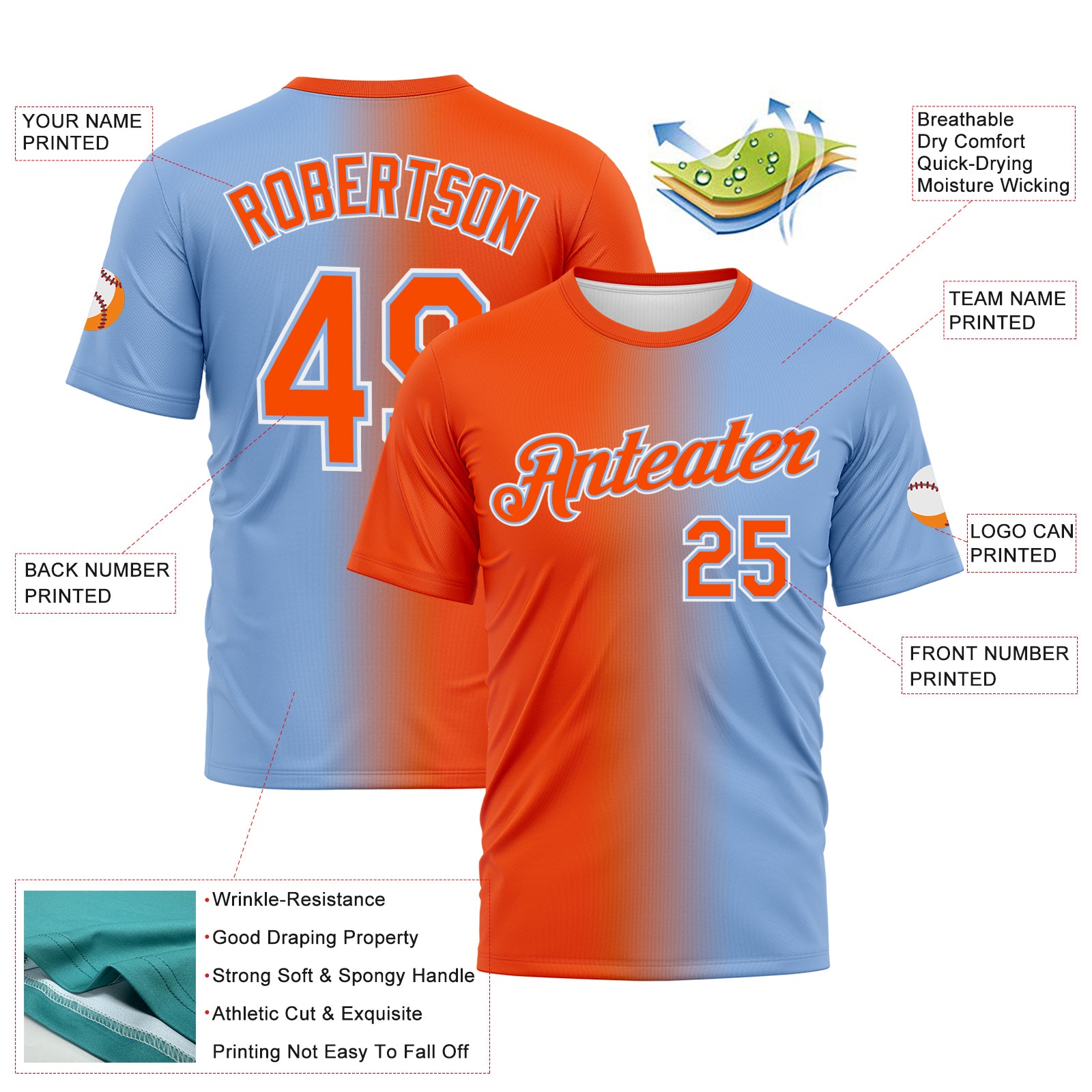 Custom Light Blue Orange-White Gradient Fashion Performance T-Shirt