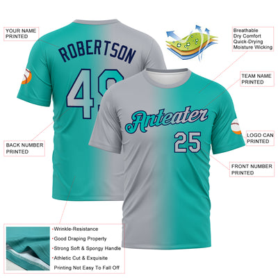 Custom Aqua Gray-Navy Gradient Fashion Performance T-Shirt