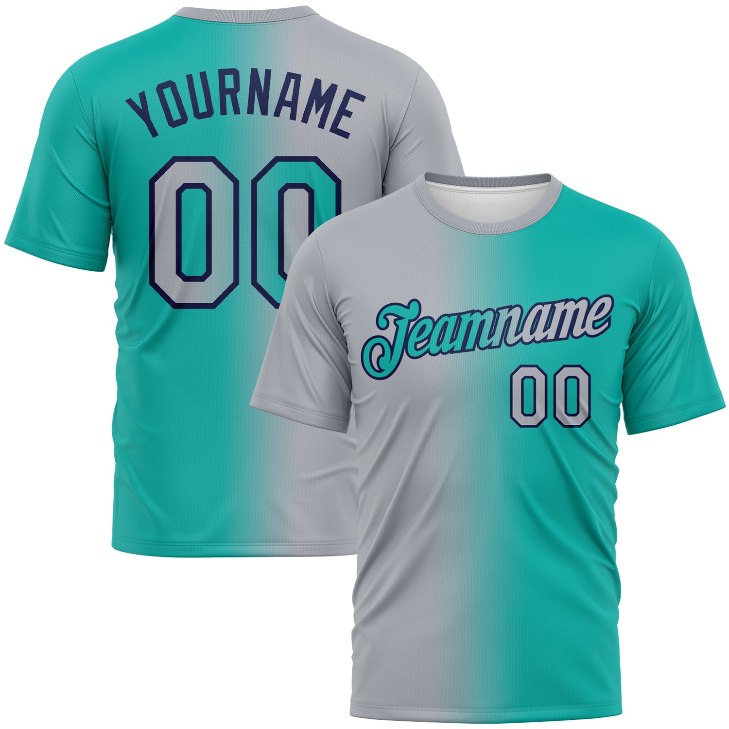 Custom Aqua Gray-Navy Gradient Fashion Performance T-Shirt