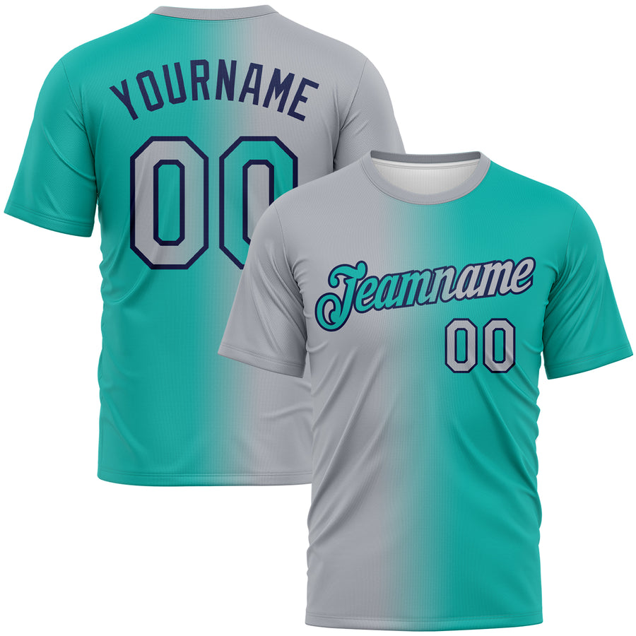 Custom Aqua Gray-Navy Gradient Fashion Performance T-Shirt