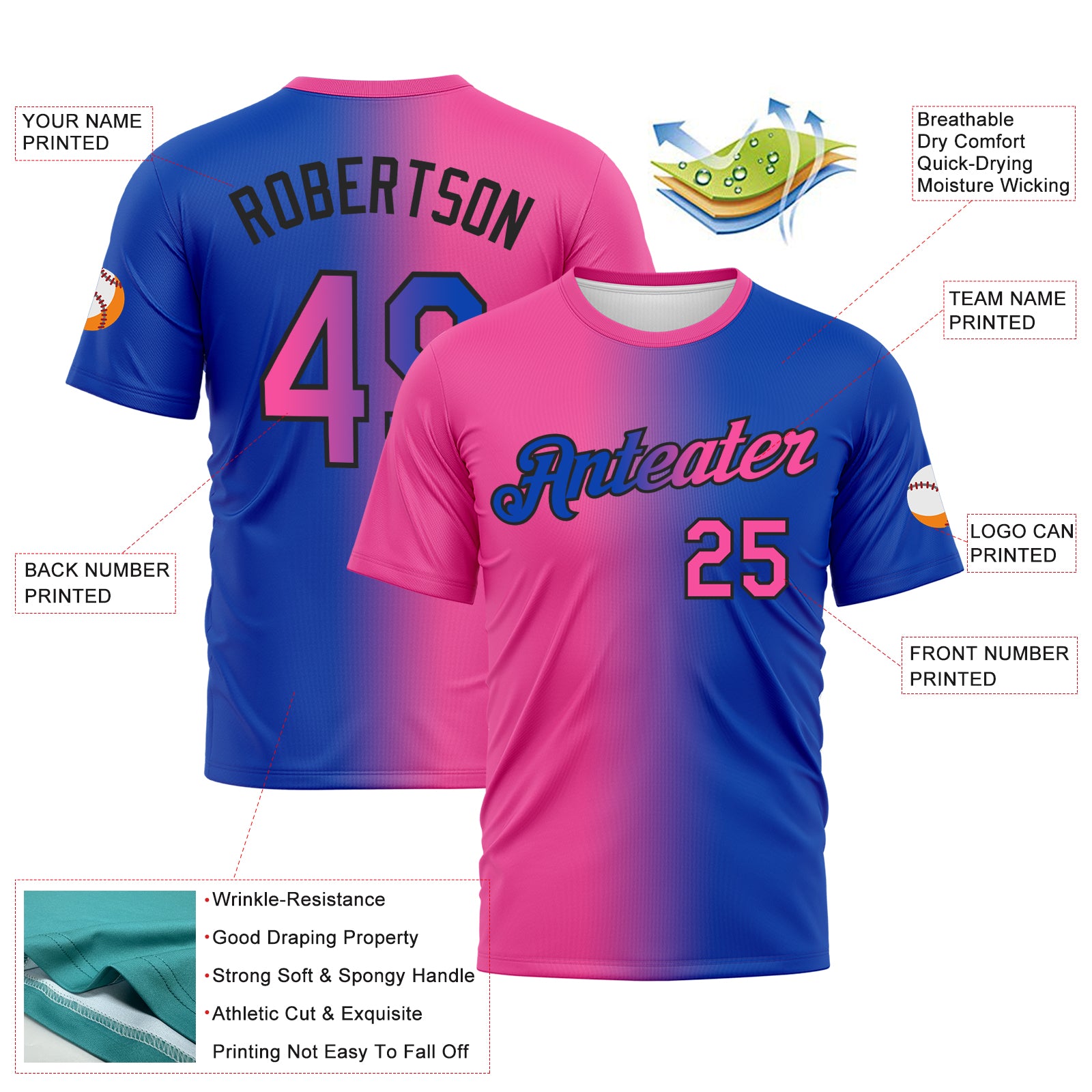 Custom Thunder Blue Pink-Black Gradient Fashion Performance T-Shirt