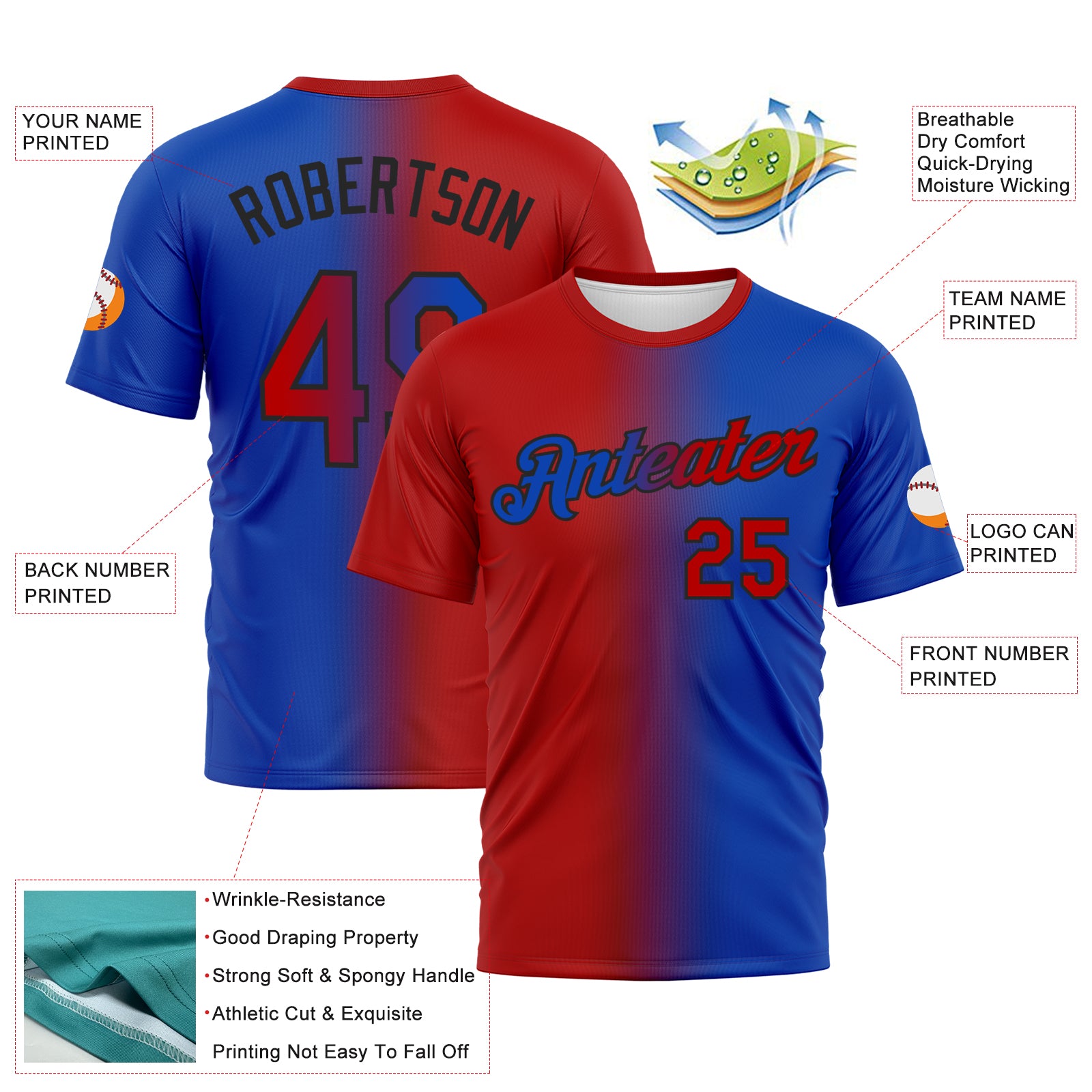 Custom Thunder Blue Red-Black Gradient Fashion Performance T-Shirt