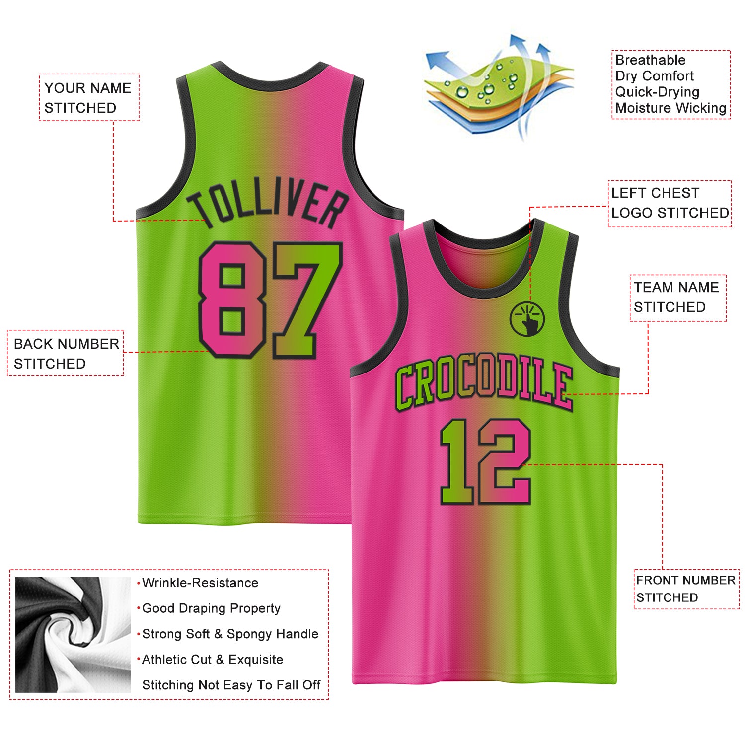 Custom Neon Green Pink-Black Authentic Gradient Fashion Basketball Jersey
