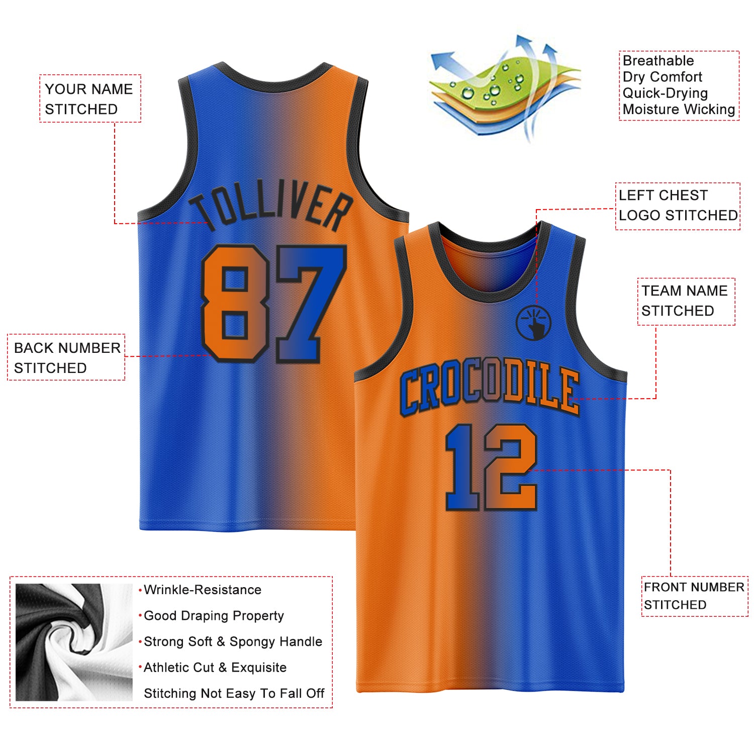 Custom Thunder Blue Bay Orange-Black Authentic Gradient Fashion Basketball Jersey