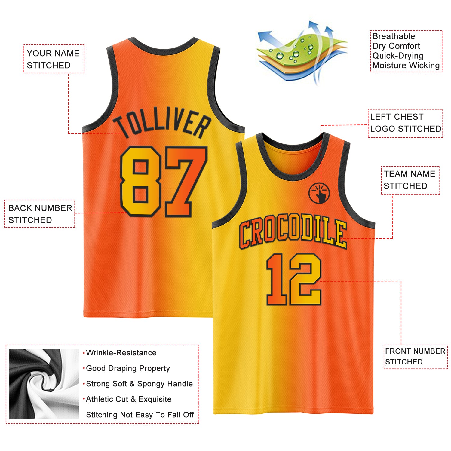 Custom Orange Yellow-Black Authentic Gradient Fashion Basketball Jersey