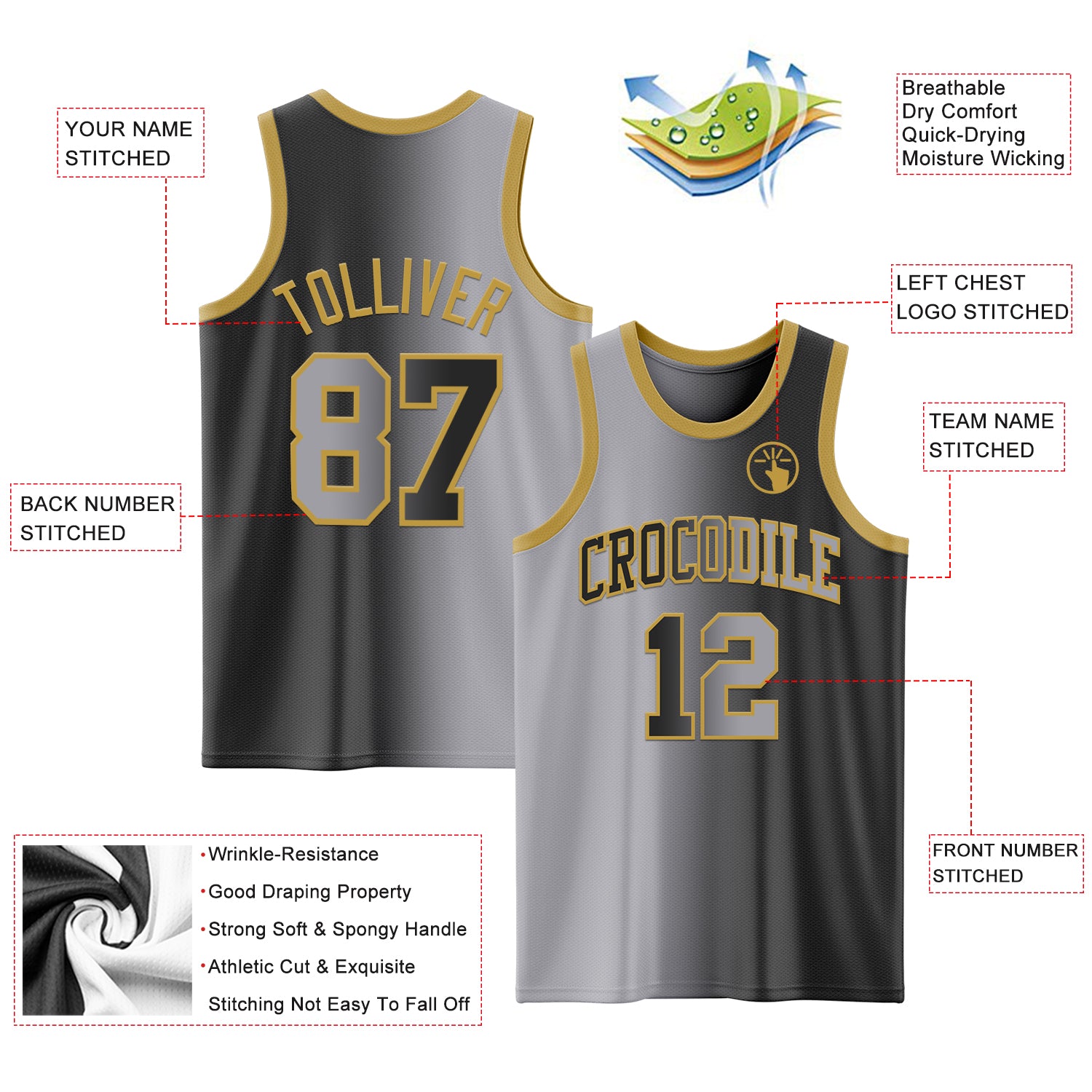 Custom Black Gray-Old Gold Authentic Gradient Fashion Basketball Jersey