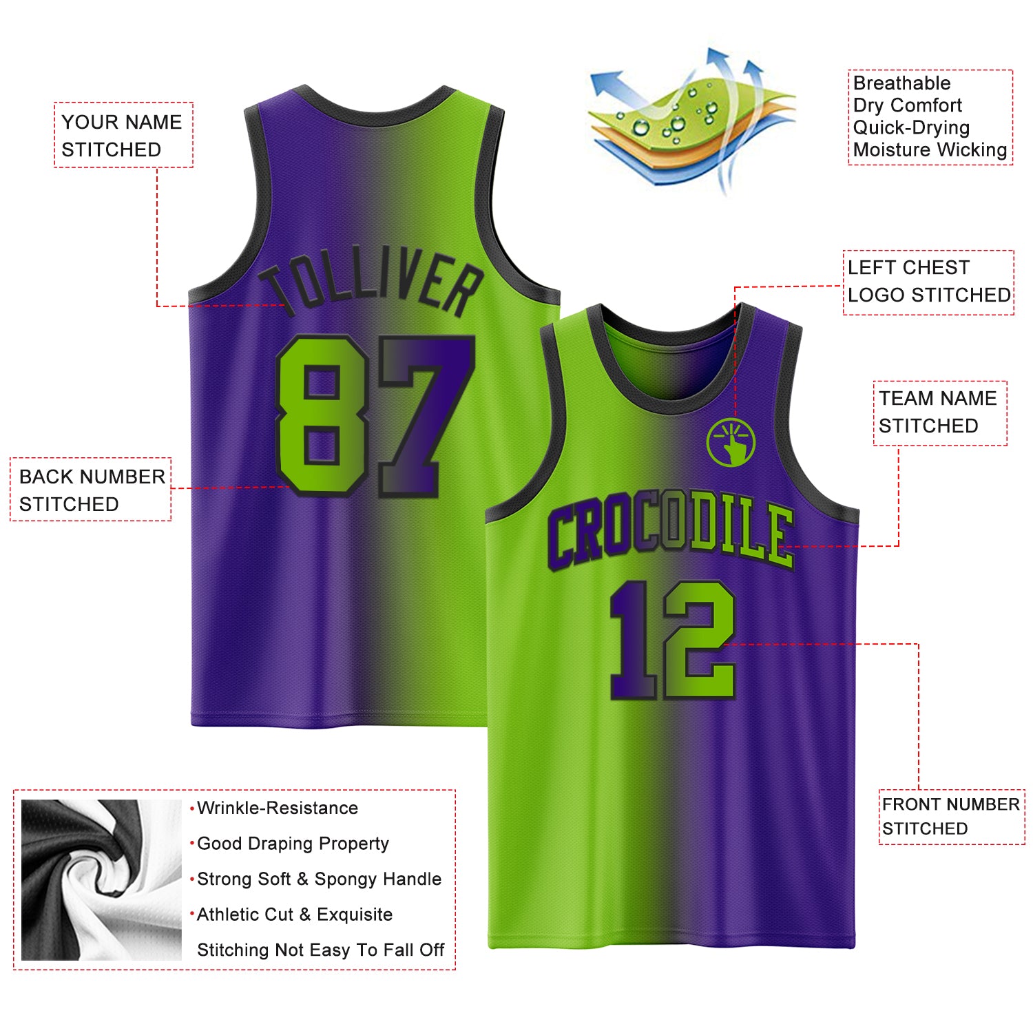 Custom Purple Neon Green-Black Authentic Gradient Fashion Basketball Jersey