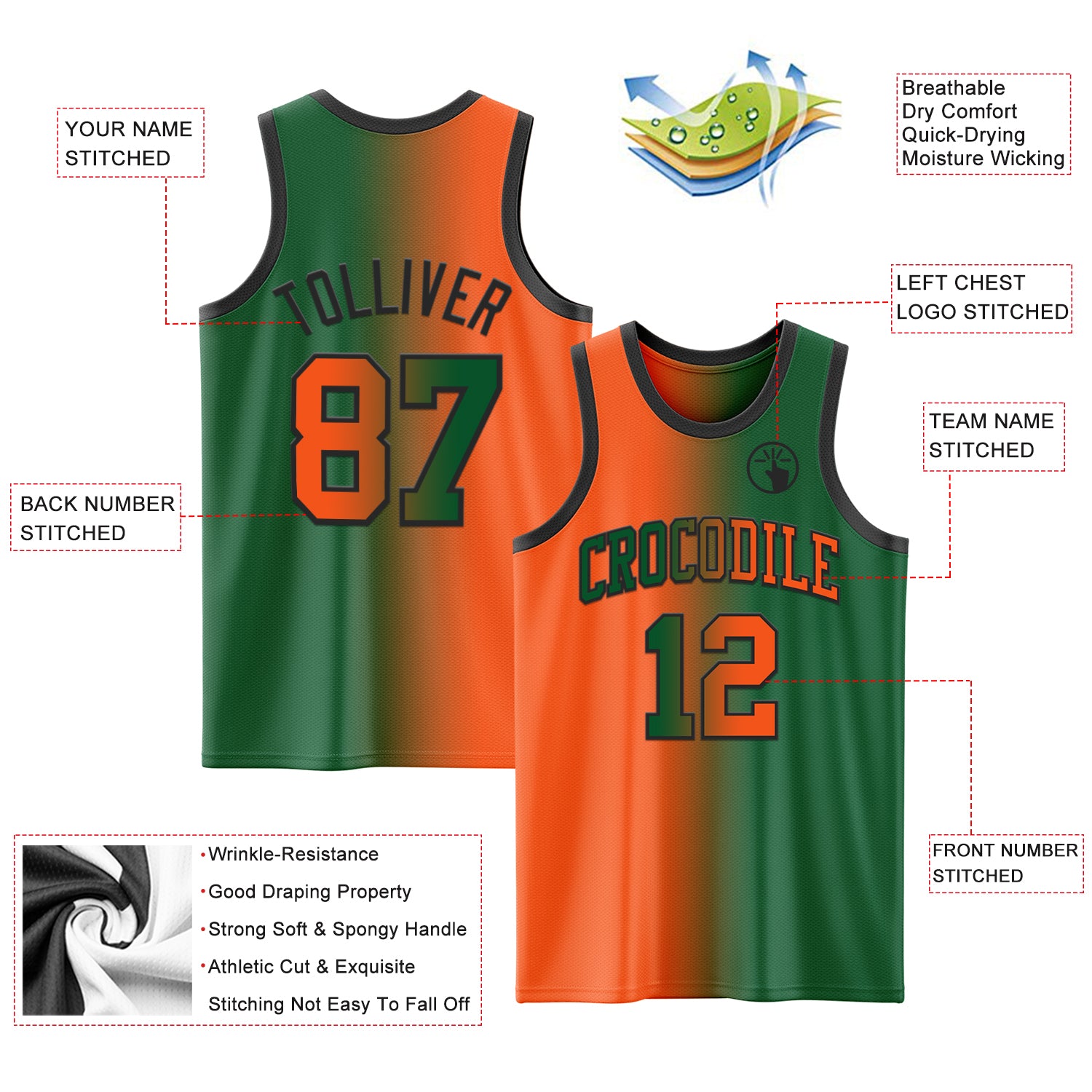 Custom Kelly Green Orange-Black Authentic Gradient Fashion Basketball Jersey