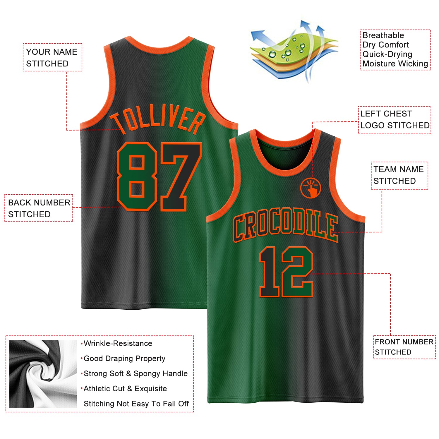 Custom Black Kelly Green-Orange Authentic Gradient Fashion Basketball Jersey