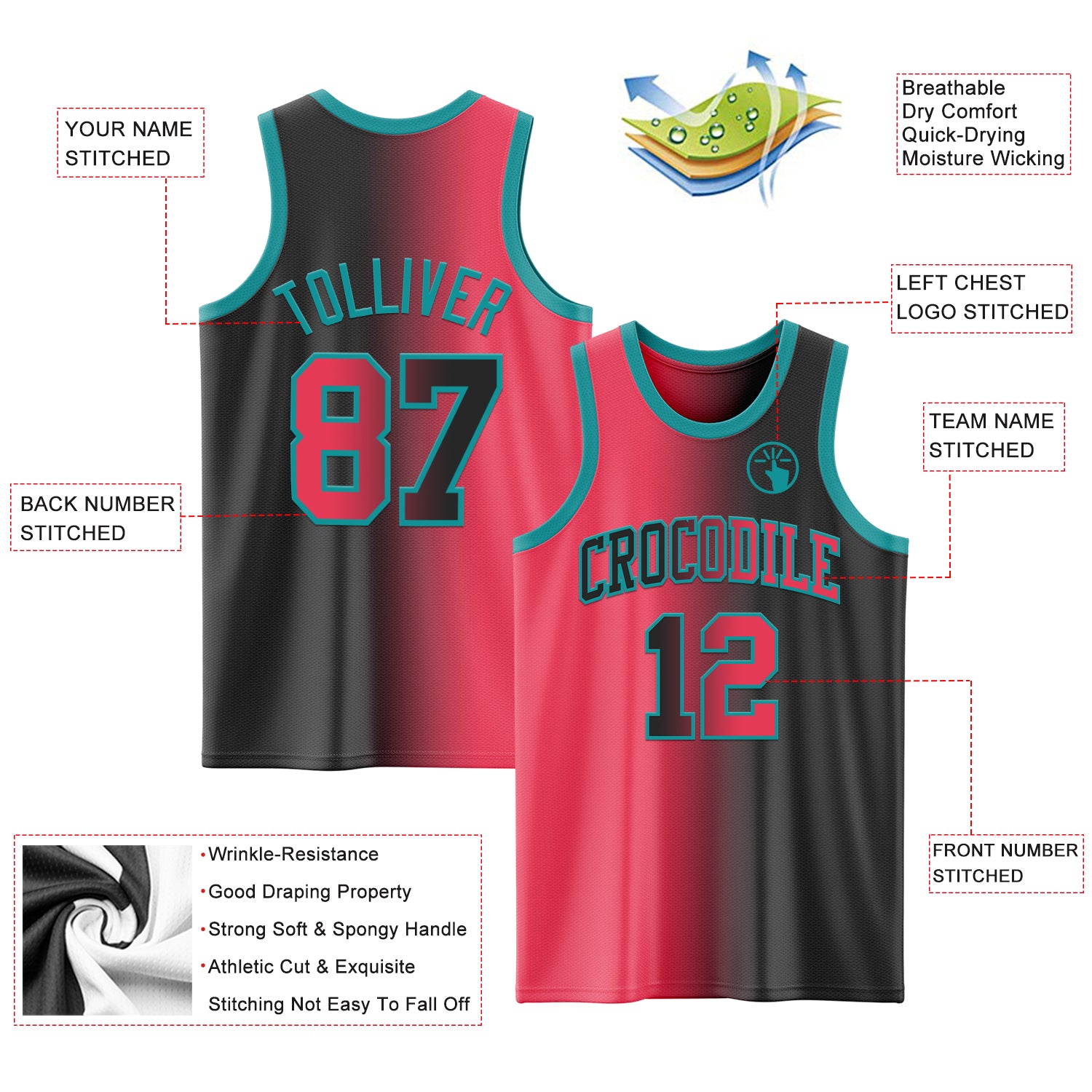 Custom Black Neon Pink-Teal Authentic Gradient Fashion Basketball Jersey