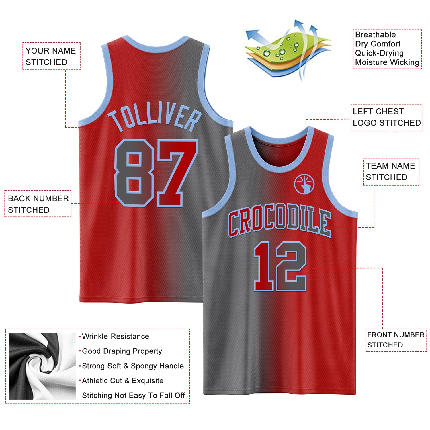 Custom Red Steel Gray-Light Blue Authentic Gradient Fashion Basketball Jersey
