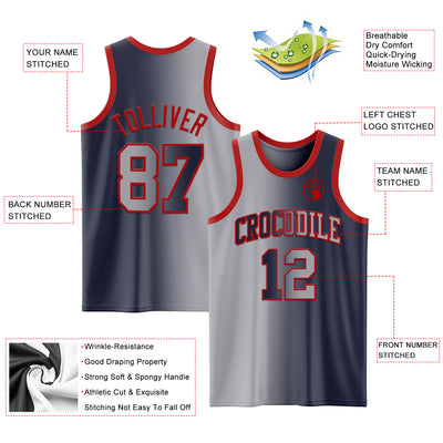 Custom Navy Gray-Red Authentic Gradient Fashion Basketball Jersey
