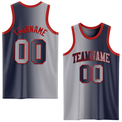 Custom Navy Gray-Red Authentic Gradient Fashion Basketball Jersey