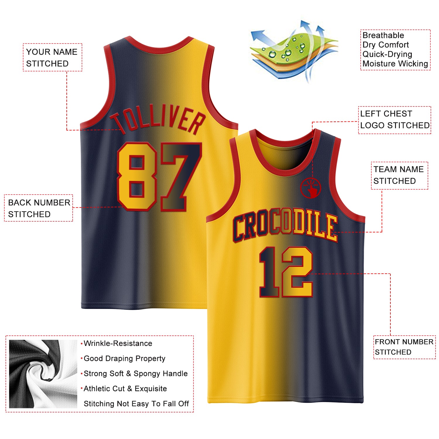 Custom Navy Gold-Red Authentic Gradient Fashion Basketball Jersey