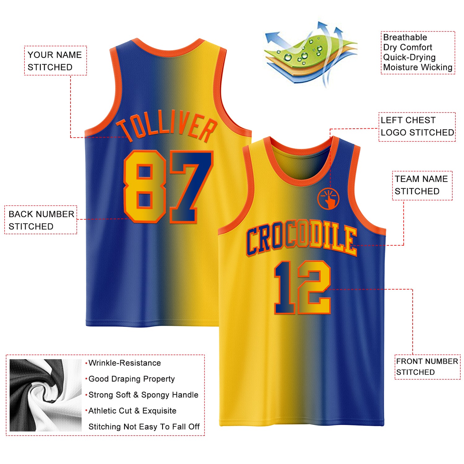 Custom Royal Yellow-Orange Authentic Gradient Fashion Basketball Jersey