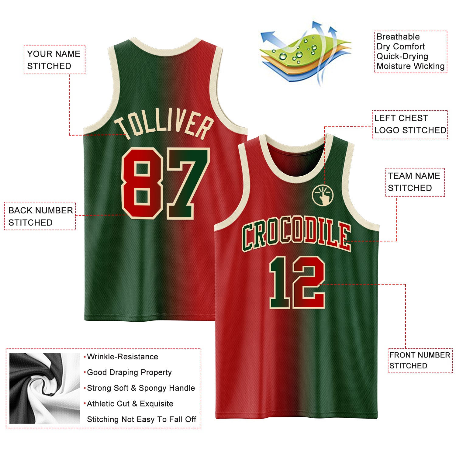 Custom Green Red-Cream Authentic Gradient Fashion Basketball Jersey