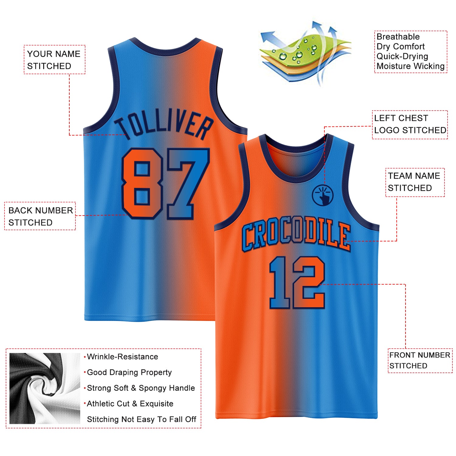 Custom Powder Blue Orange-Navy Authentic Gradient Fashion Basketball Jersey