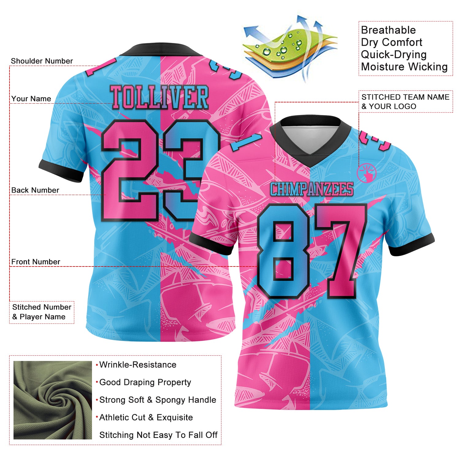 Custom Sky Blue Pink-Black Authentic Gradient Fashion Scratch Football Jersey
