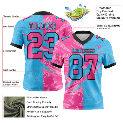 Custom Sky Blue Pink-Black Authentic Gradient Fashion Scratch Football Jersey