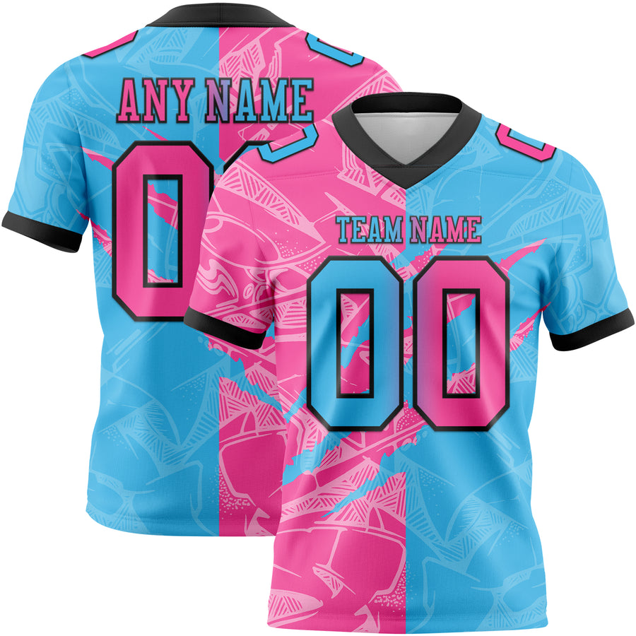 Custom Sky Blue Pink-Black Authentic Gradient Fashion Scratch Football Jersey