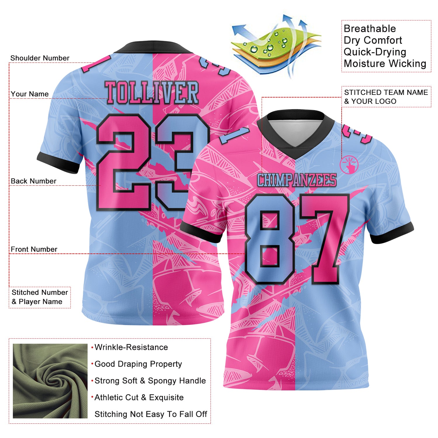Custom Light Blue Pink-Black Authentic Gradient Fashion Scratch Football Jersey