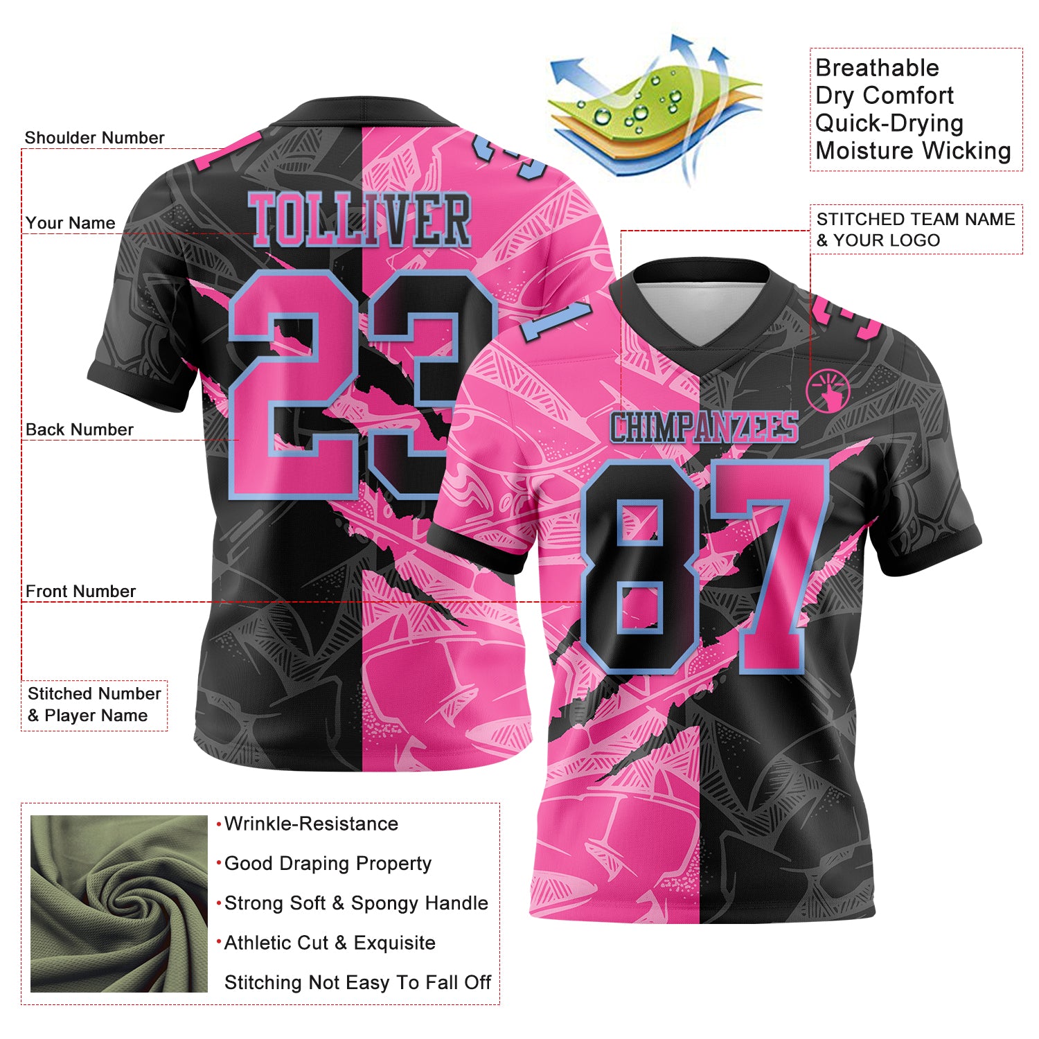 Custom Black Pink-Light Blue Authentic Gradient Fashion Scratch Football Jersey