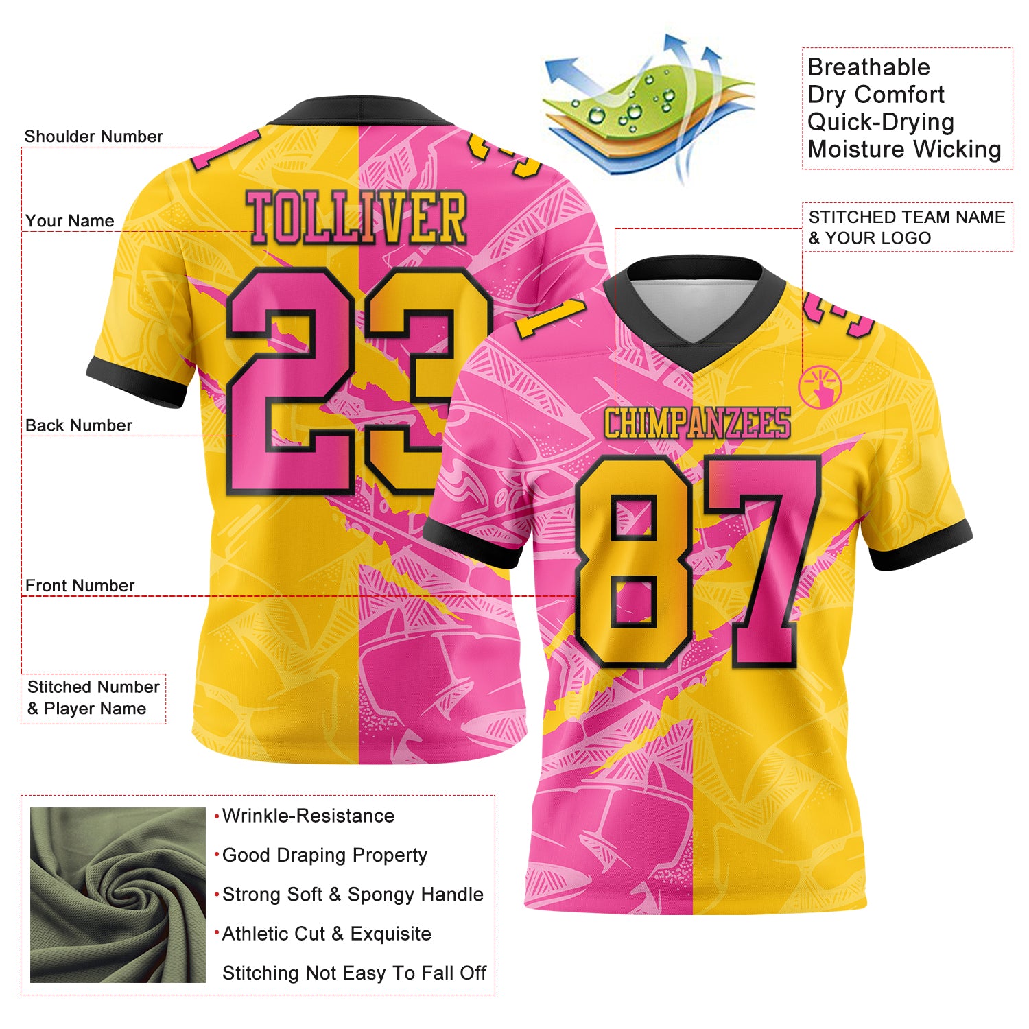 Custom Yellow Pink-Black Authentic Gradient Fashion Scratch Football Jersey