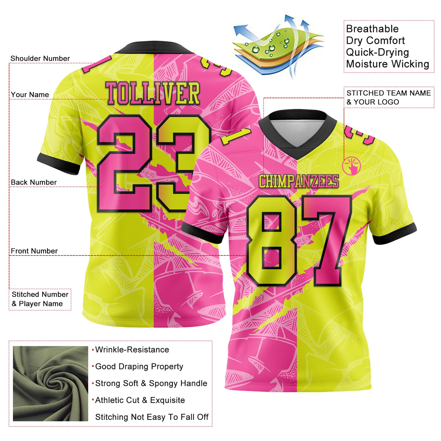 Custom Neon Yellow Pink-Black Authentic Gradient Fashion Scratch Football Jersey