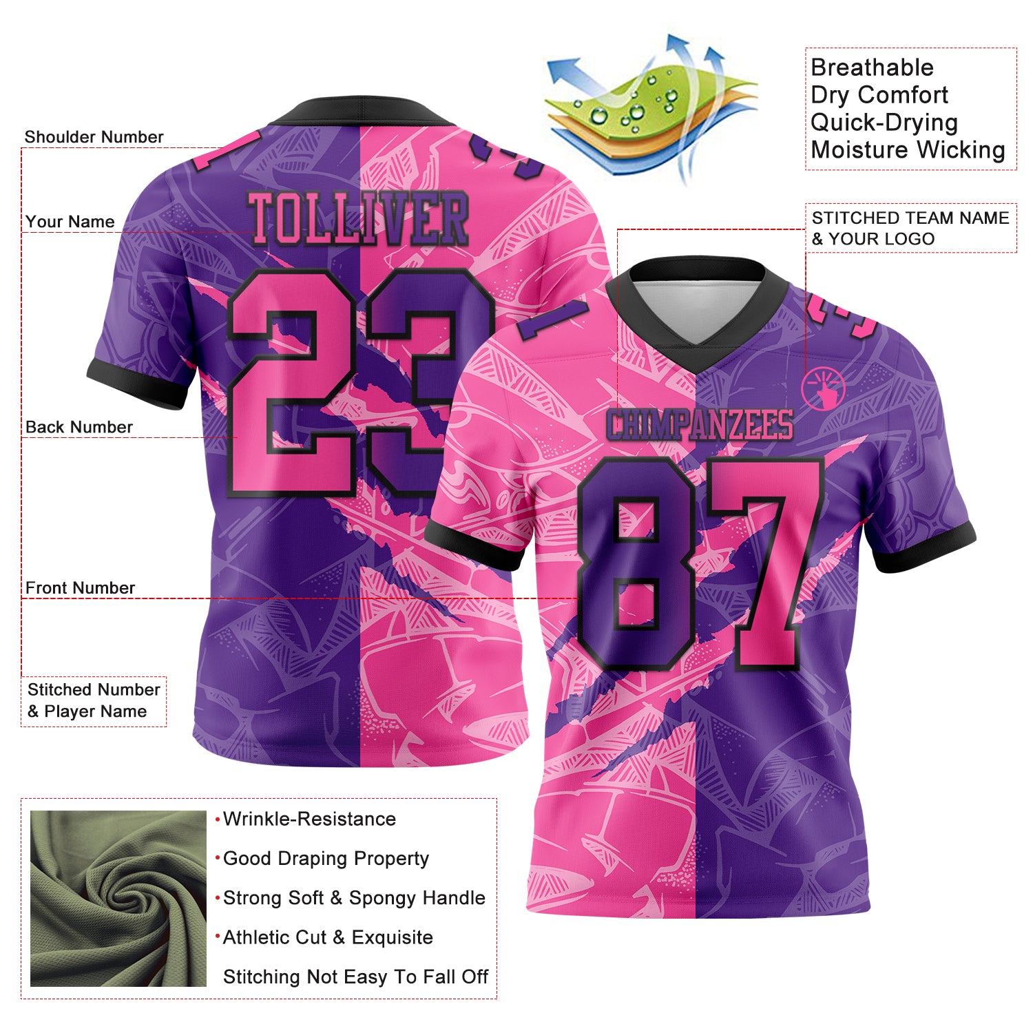 Custom Purple Pink-Black Authentic Gradient Fashion Scratch Football Jersey