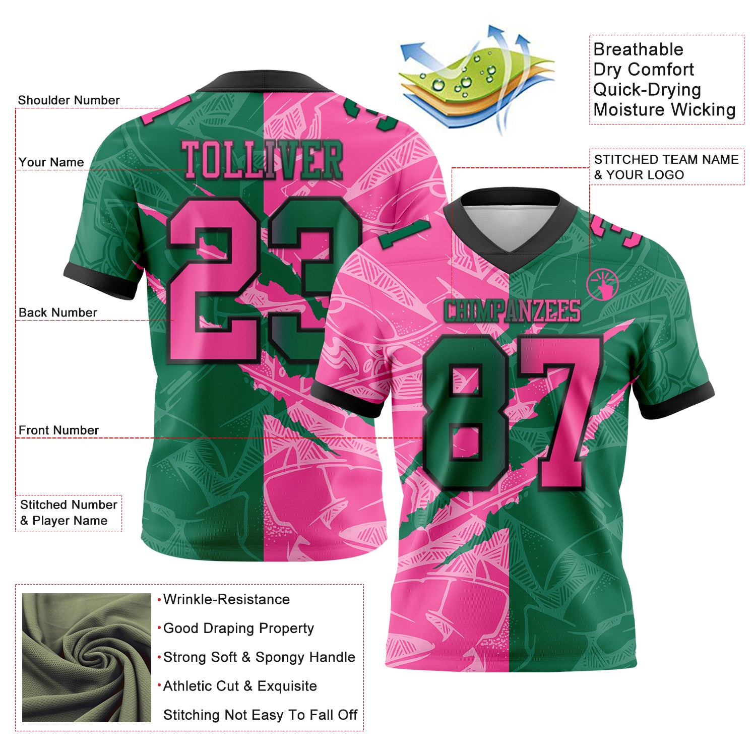 Custom Kelly Green Pink-Black Authentic Gradient Fashion Scratch Football Jersey