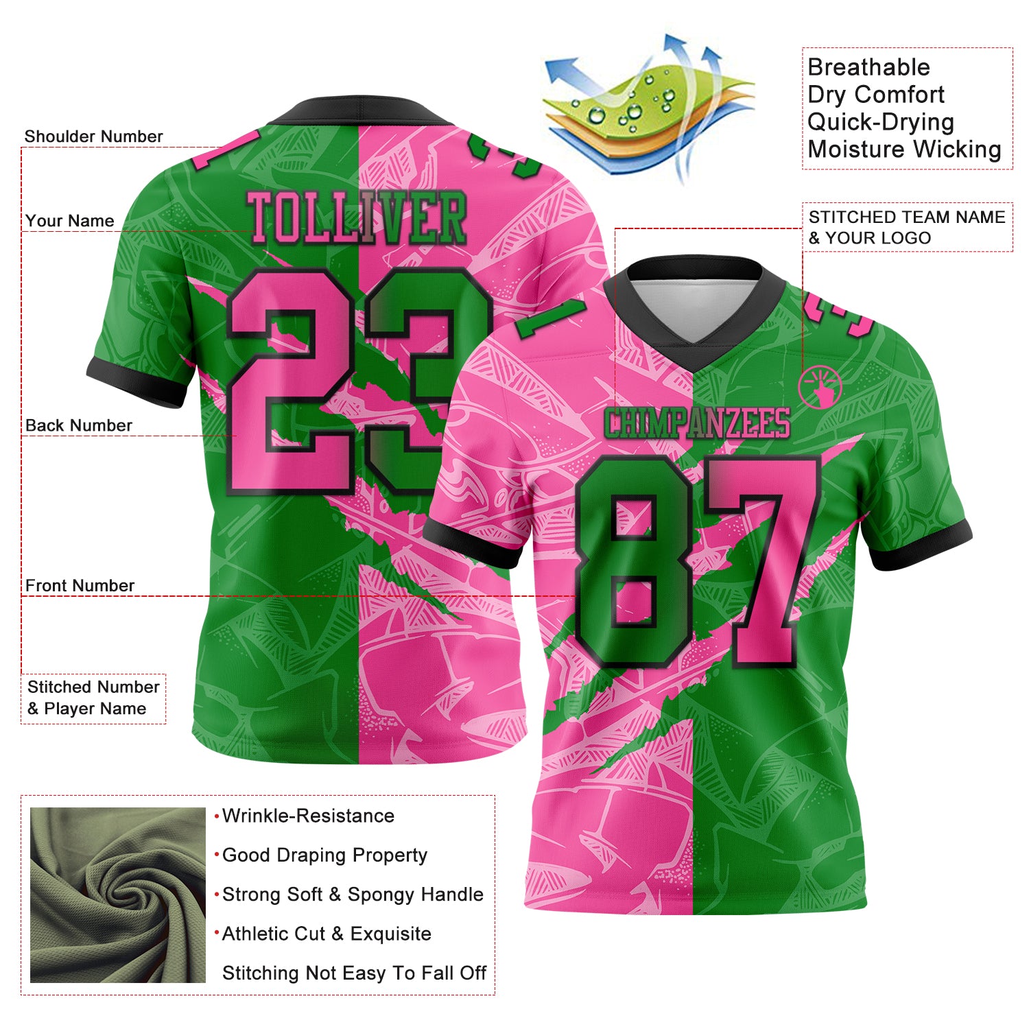 Custom Grass Green Pink-Black Authentic Gradient Fashion Scratch Football Jersey
