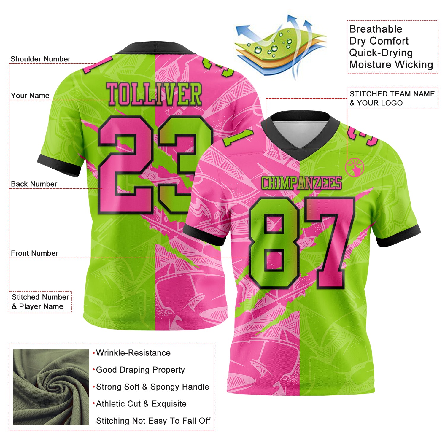 Custom Neon Green Pink-Black Authentic Gradient Fashion Scratch Football Jersey