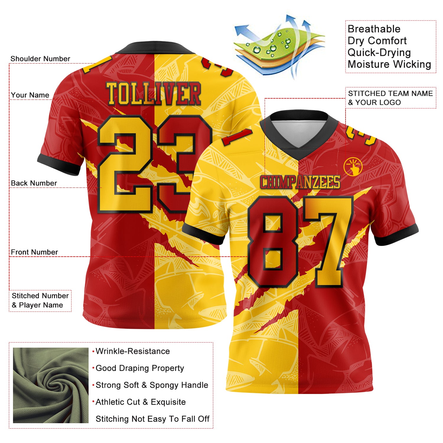 Custom Red Yellow-Black Authentic Gradient Fashion Scratch Football Jersey