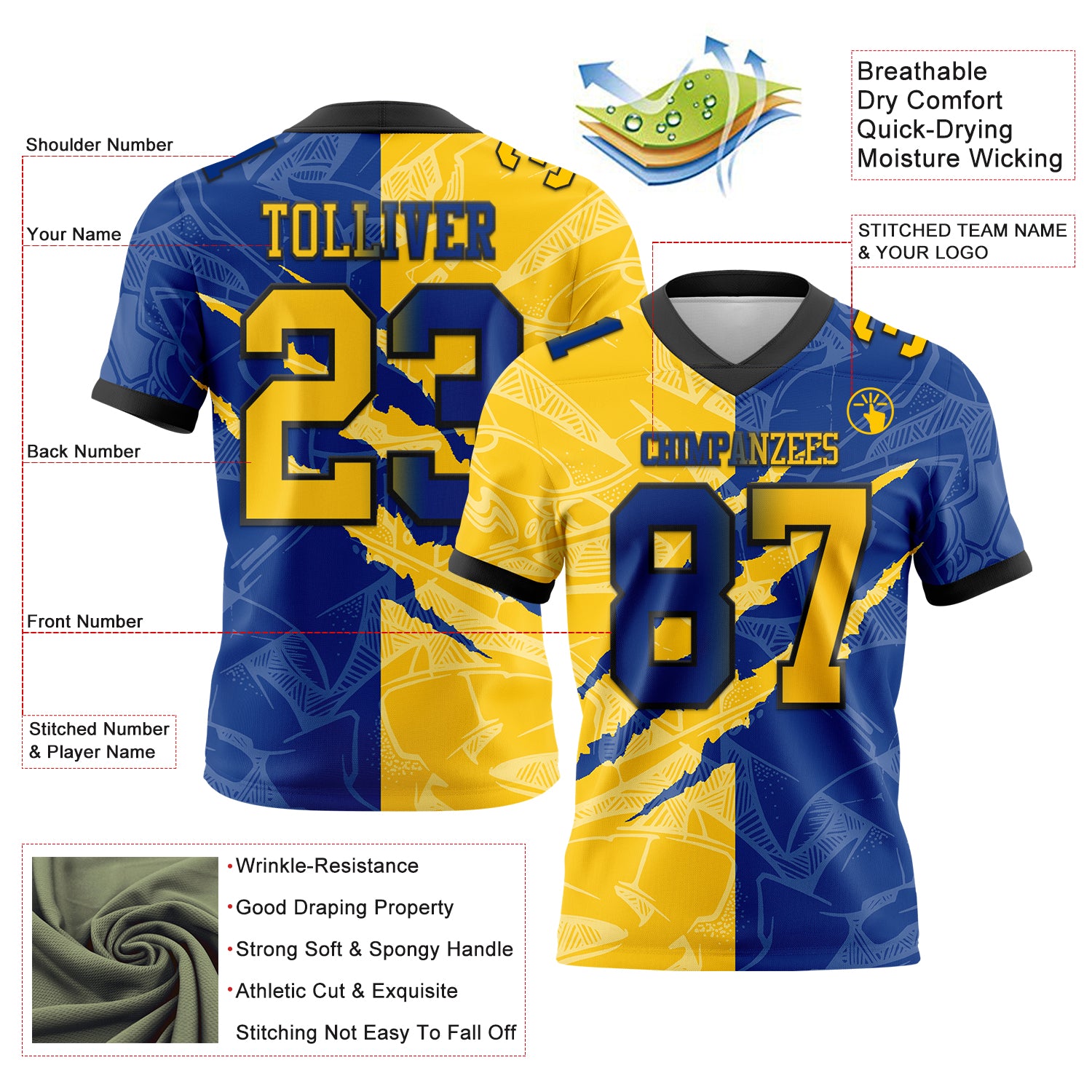 Custom Royal Yellow-Black Authentic Gradient Fashion Scratch Football Jersey