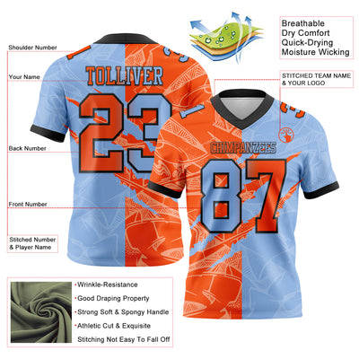 Custom Light Blue Orange-Black Authentic Gradient Fashion Scratch Football Jersey