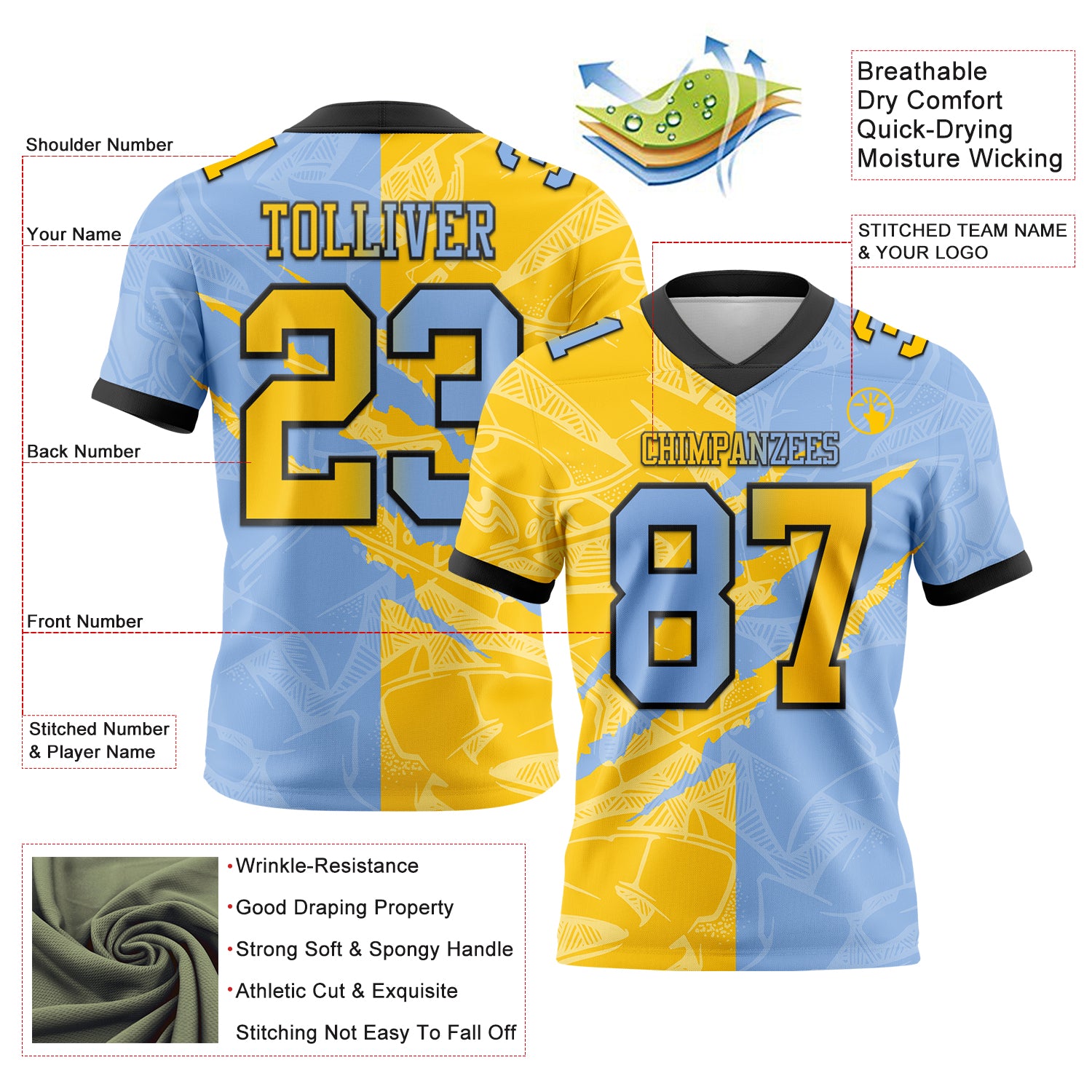 Custom Light Blue Yellow-Black Authentic Gradient Fashion Scratch Football Jersey