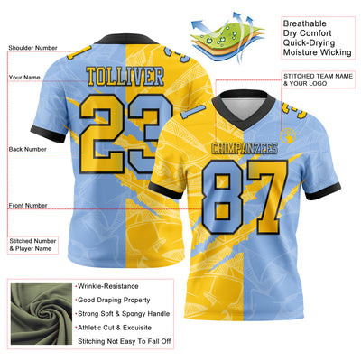 Custom Light Blue Yellow-Black Authentic Gradient Fashion Scratch Football Jersey