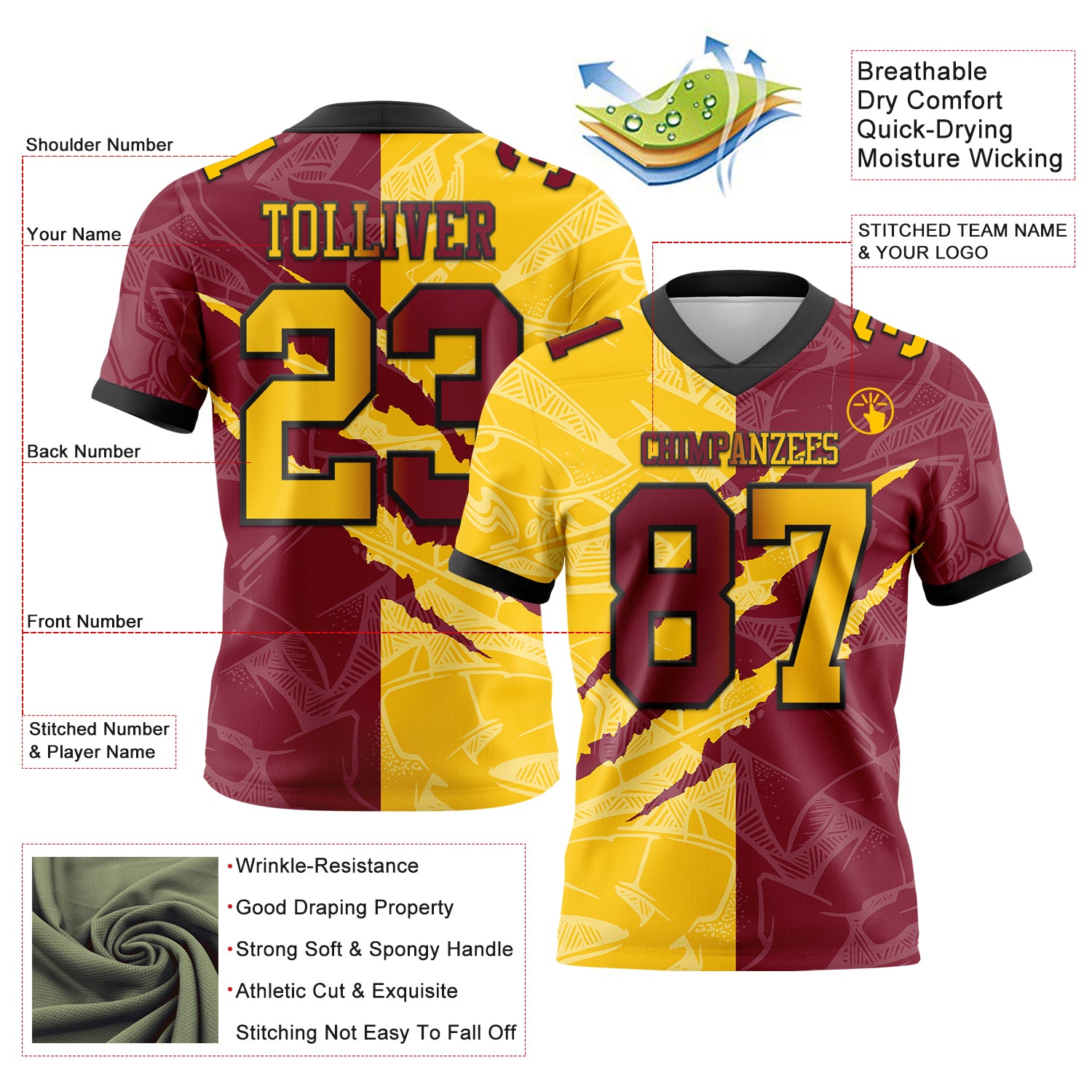 Custom Crimson Yellow-Black Authentic Gradient Fashion Scratch Football Jersey