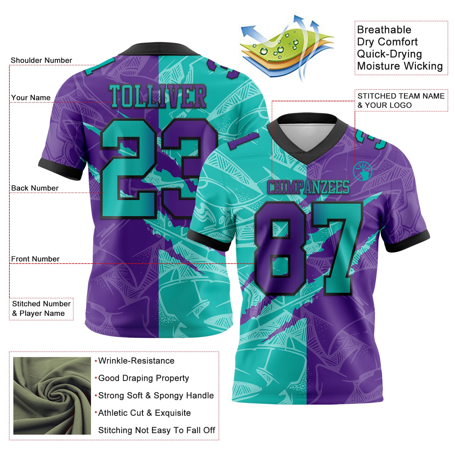 Custom Purple Aqua-Black Authentic Gradient Fashion Scratch Football Jersey