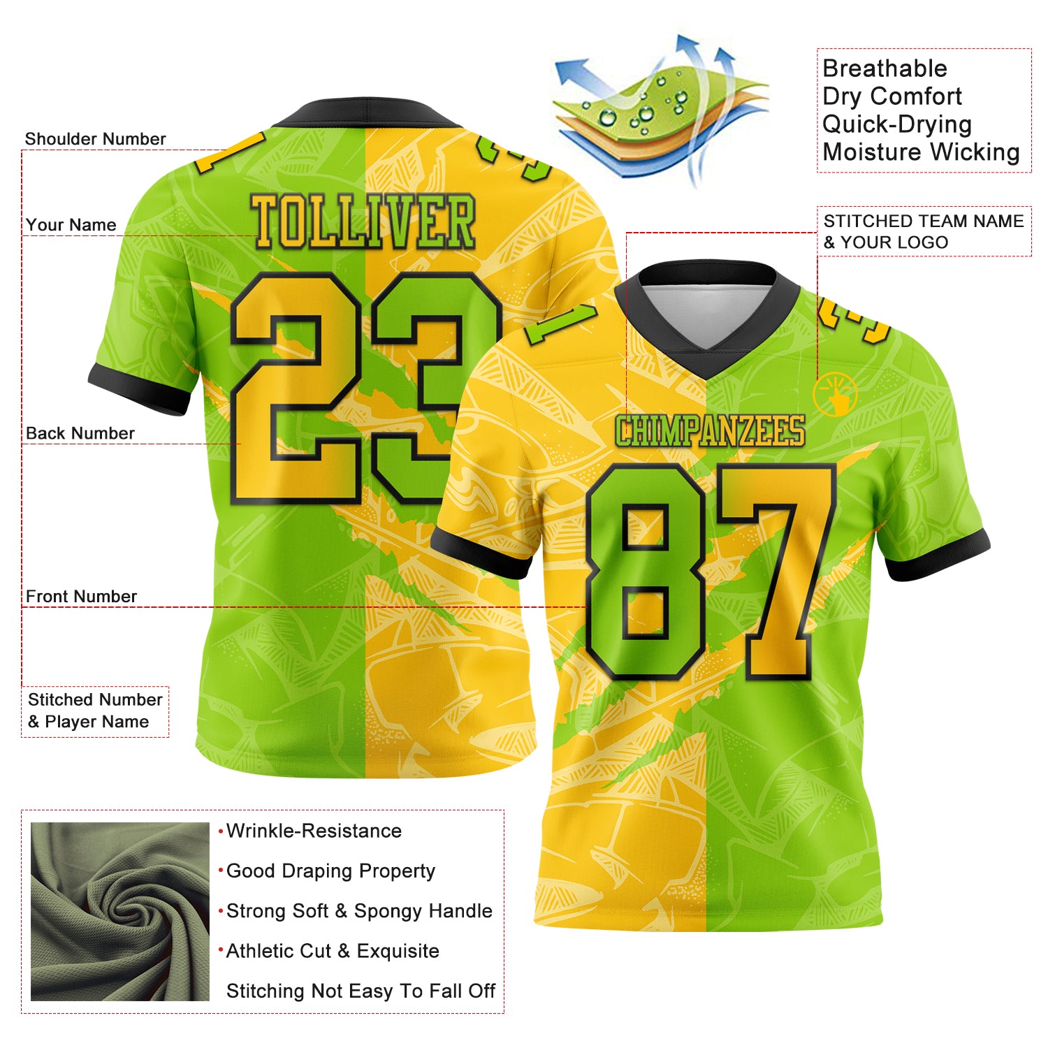 Custom Neon Green Yellow-Black Authentic Gradient Fashion Scratch Football Jersey