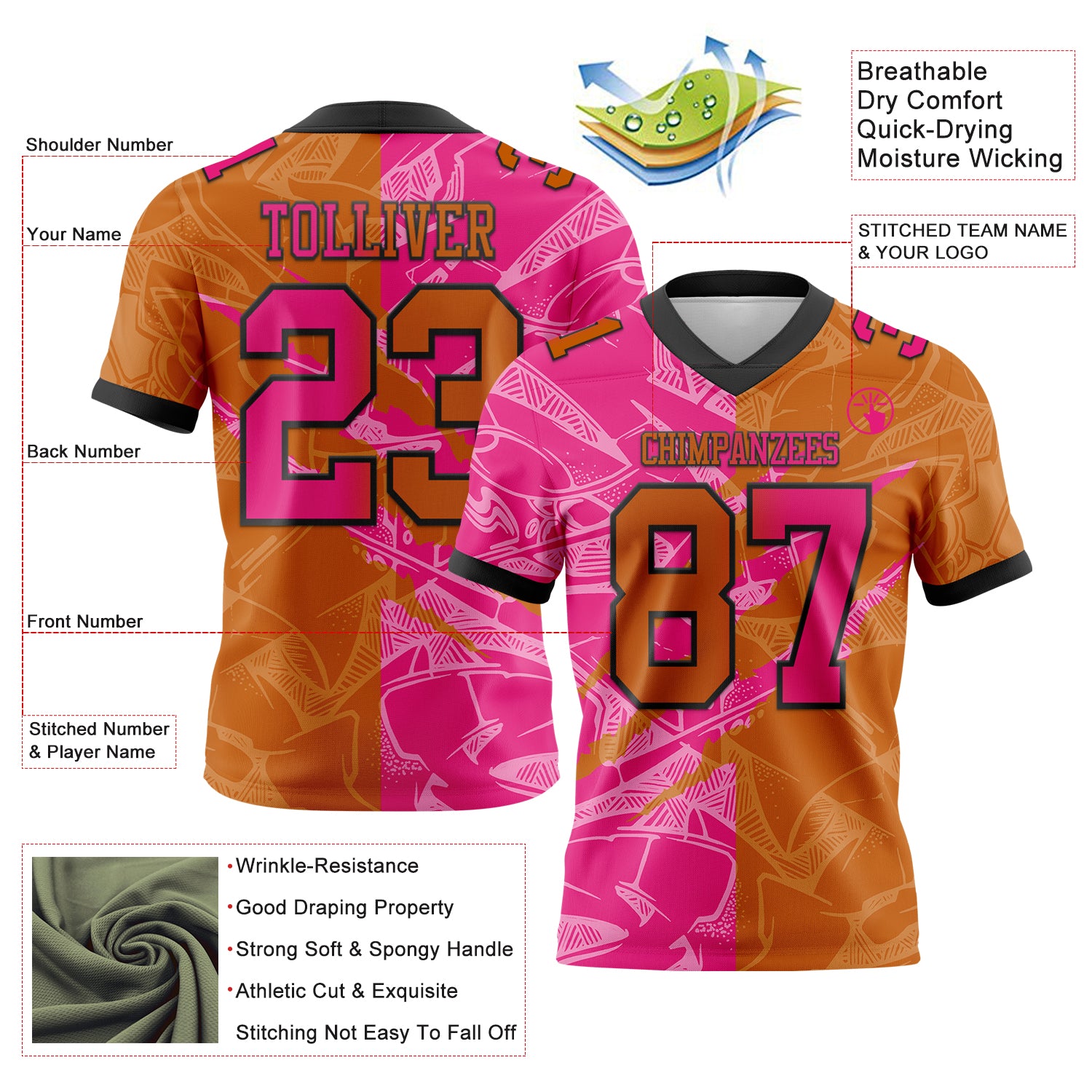Custom Texas Orange Hot Pink-Black Authentic Gradient Fashion Scratch Football Jersey