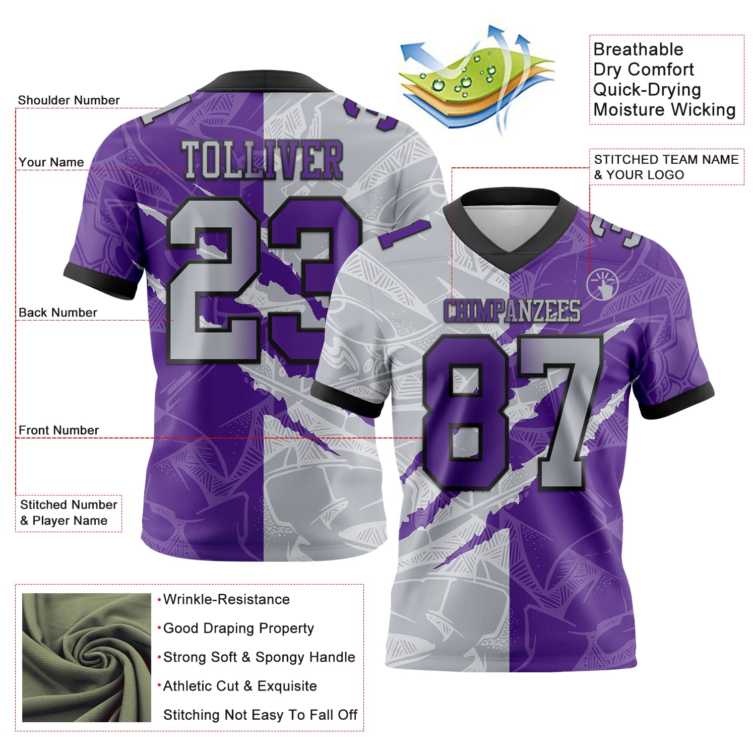 Custom Purple Gray-Black Authentic Gradient Fashion Scratch Football Jersey
