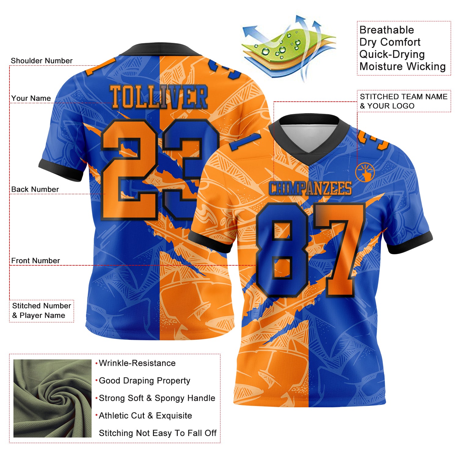 Custom Thunder Blue Bay Orange-Black Authentic Gradient Fashion Scratch Football Jersey